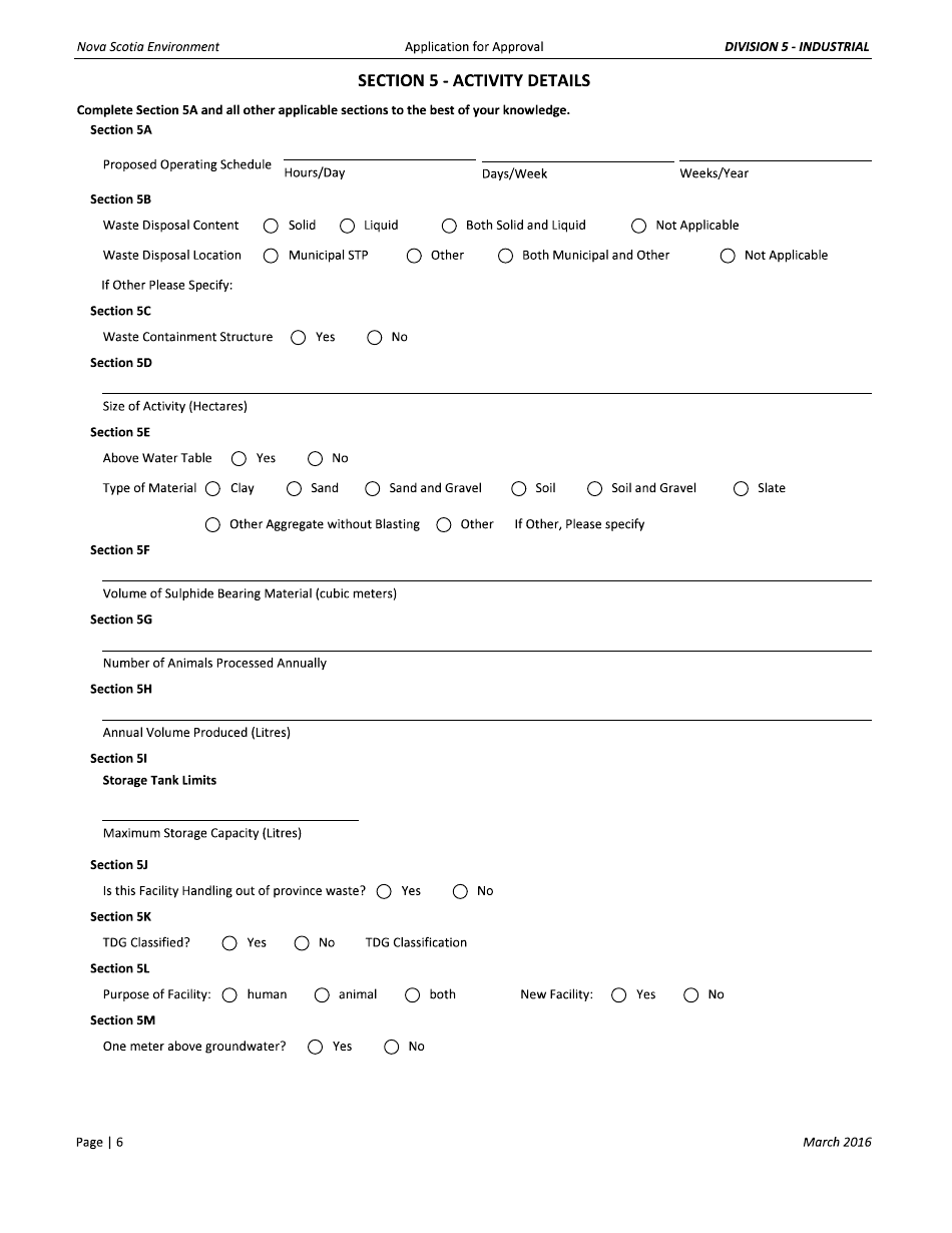 Application for Approval - Industrial - Nova Scotia, Canada, Page 6