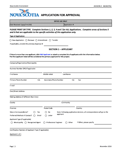 Application for Approval - Municipal - Nova Scotia, Canada