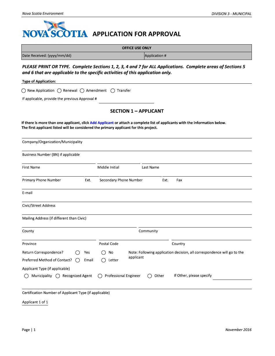 Application for Approval - Municipal - Nova Scotia, Canada, Page 1