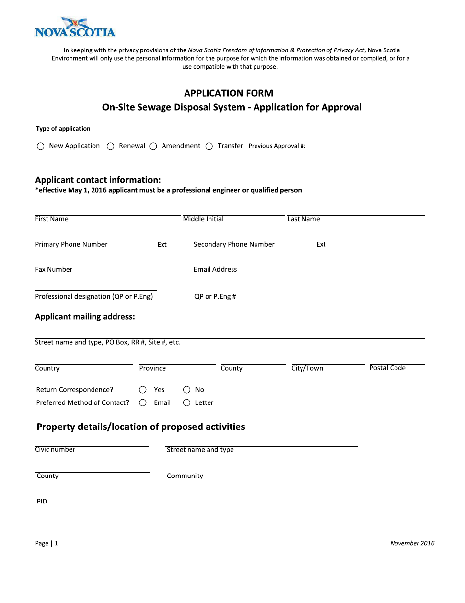 On-Site Sewage Disposal System Application for Approval - Nova Scotia, Canada, Page 1