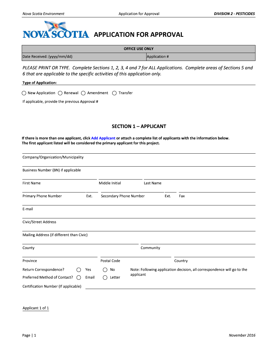 Pesticide (Use or Storage) Application for Approval - Nova Scotia, Canada, Page 1