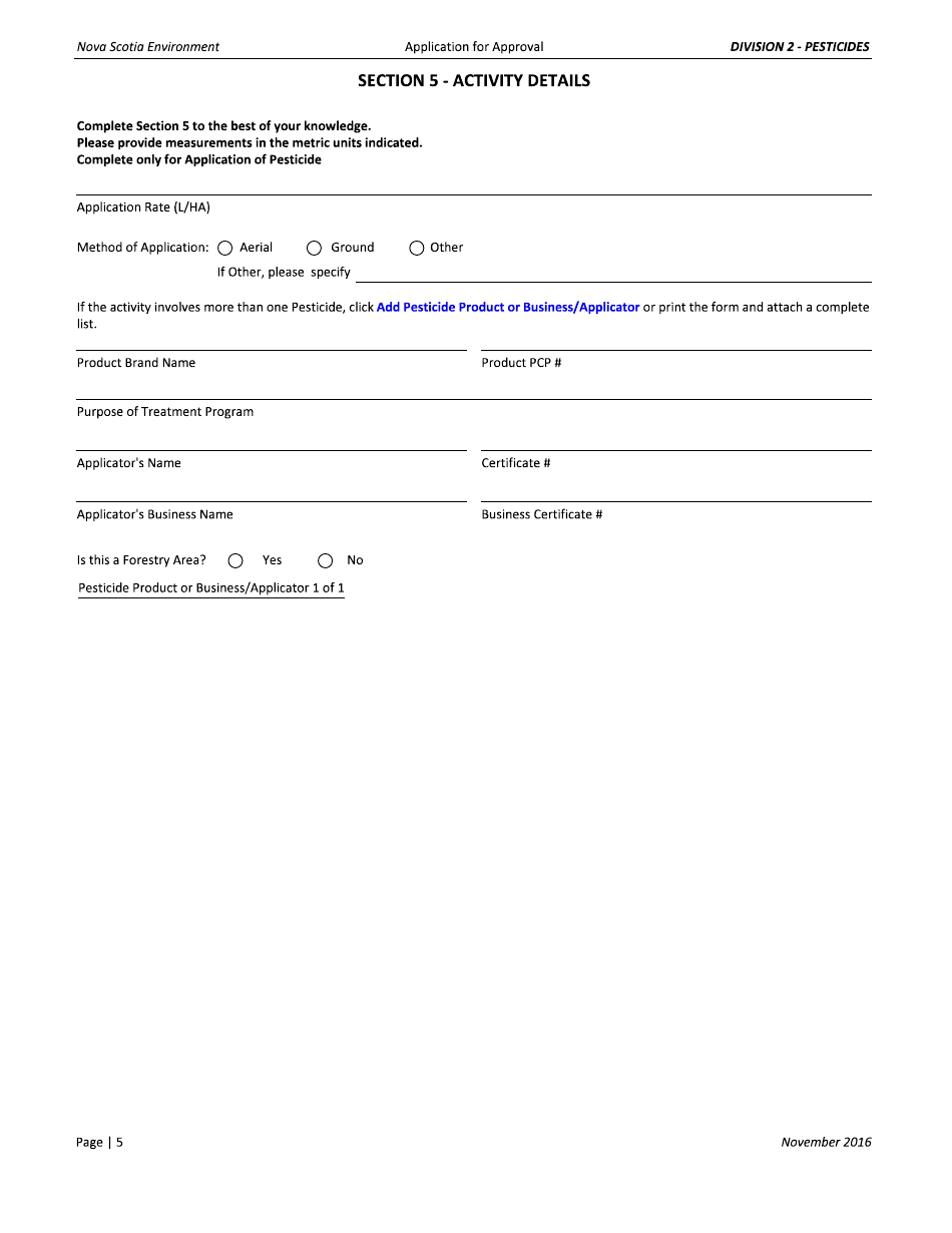 Pesticide (Use or Storage) Application for Approval - Nova Scotia, Canada, Page 5
