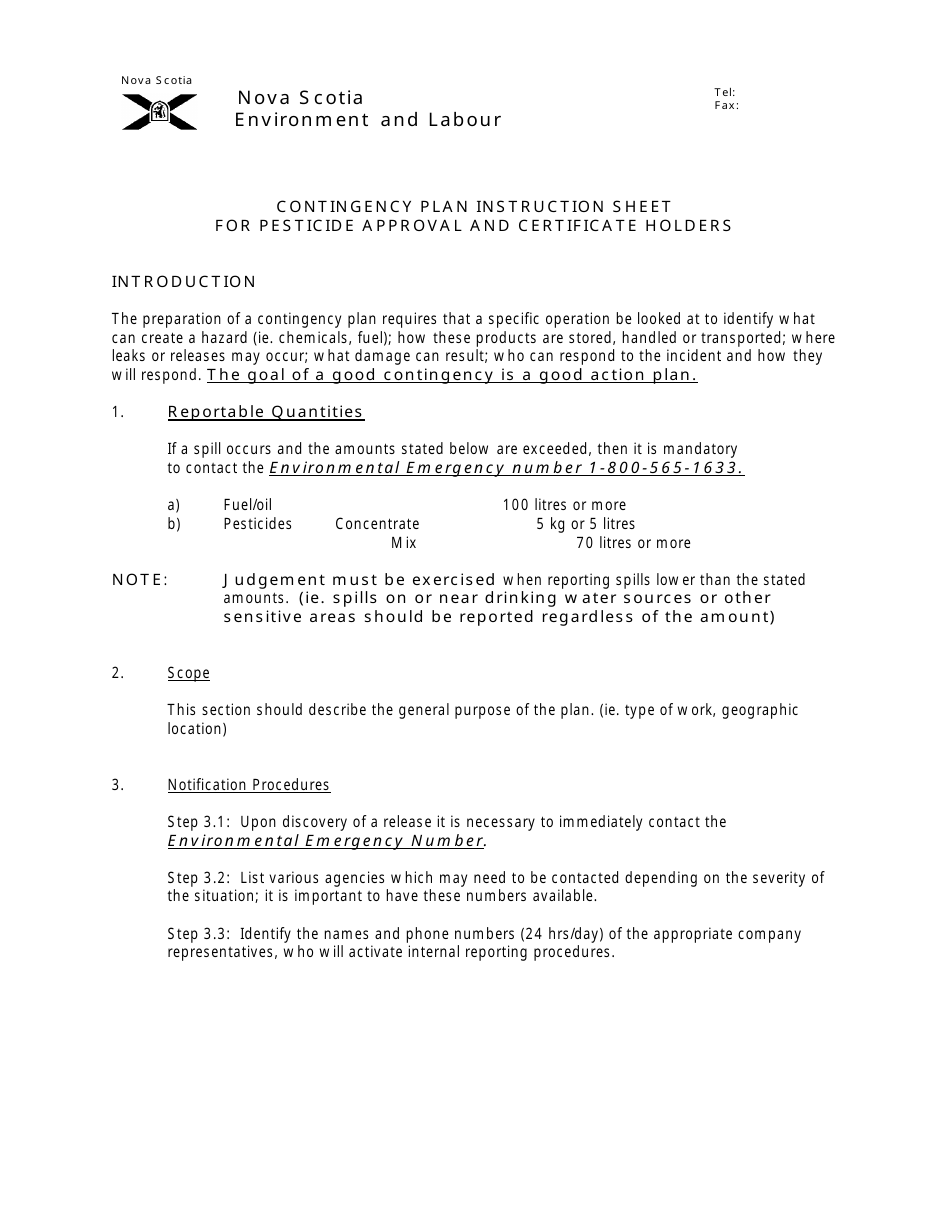 Contingency Plan Pesticide Approval and Certificate Holders - Nova Scotia, Canada, Page 1