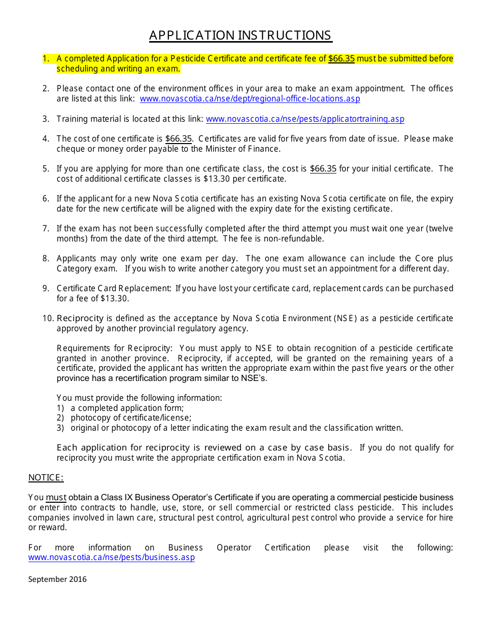 Application for a Pesticide Certificate - Nova Scotia, Canada, Page 1