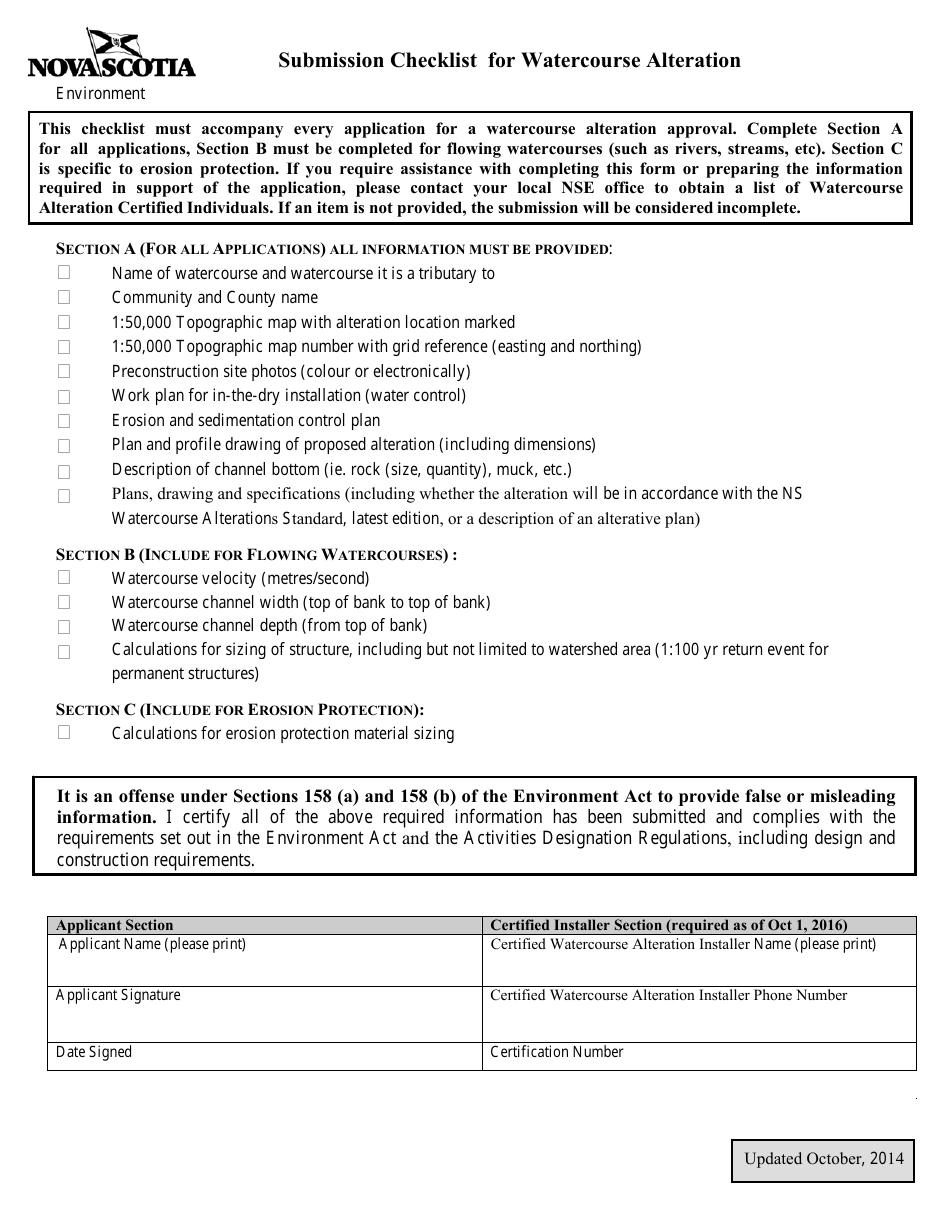 Submission Checklist for Watercourse Alteration - Nova Scotia, Canada, Page 1