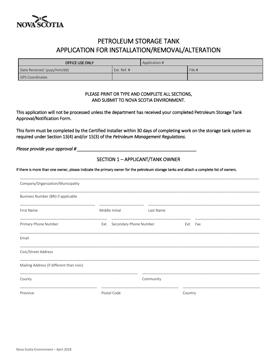 Petroleum Storage Tank Application for Installation / Removal / Alteration - Nova Scotia, Canada, Page 1