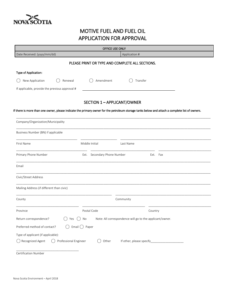 Motive Fuel and Fuel Oil Application for Approval - Nova Scotia, Canada, Page 1