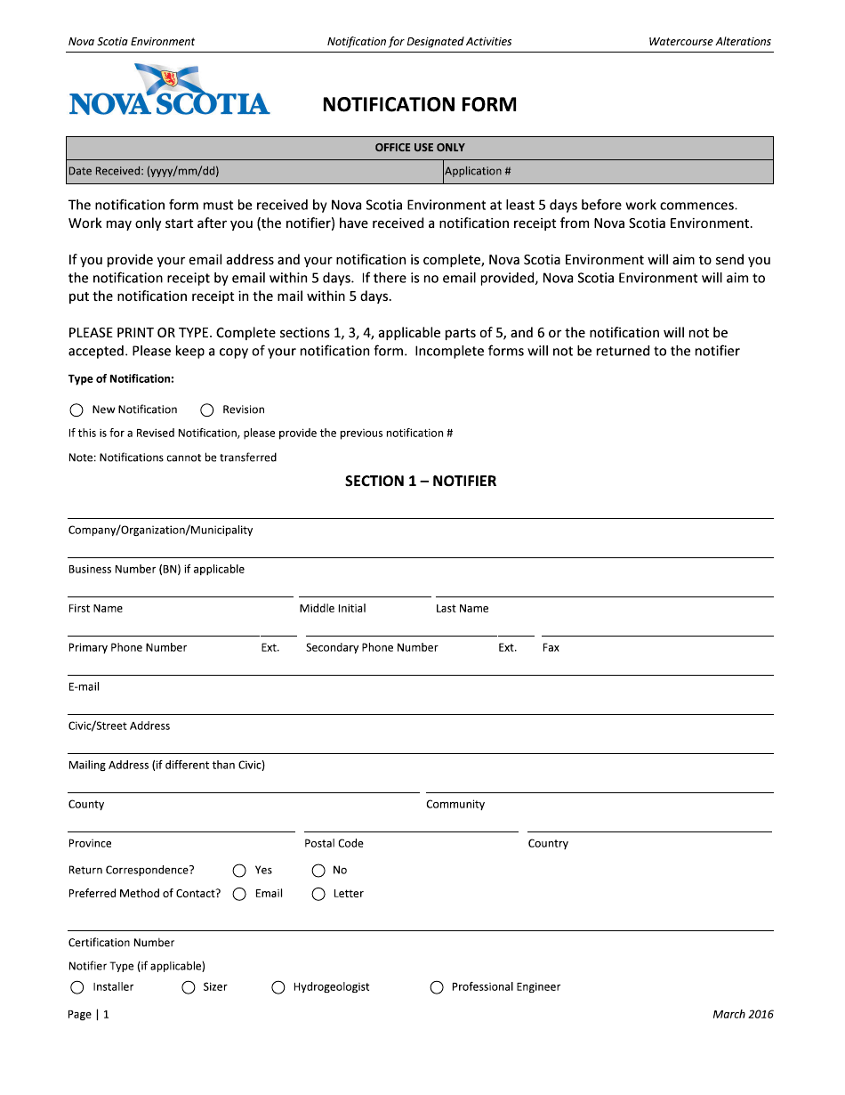 Notification Form - Nova Scotia, Canada, Page 1