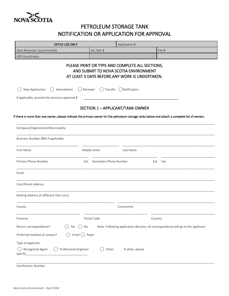 Petroleum Storage Tank Notification or Application for Approval - Nova Scotia, Canada, Page 1