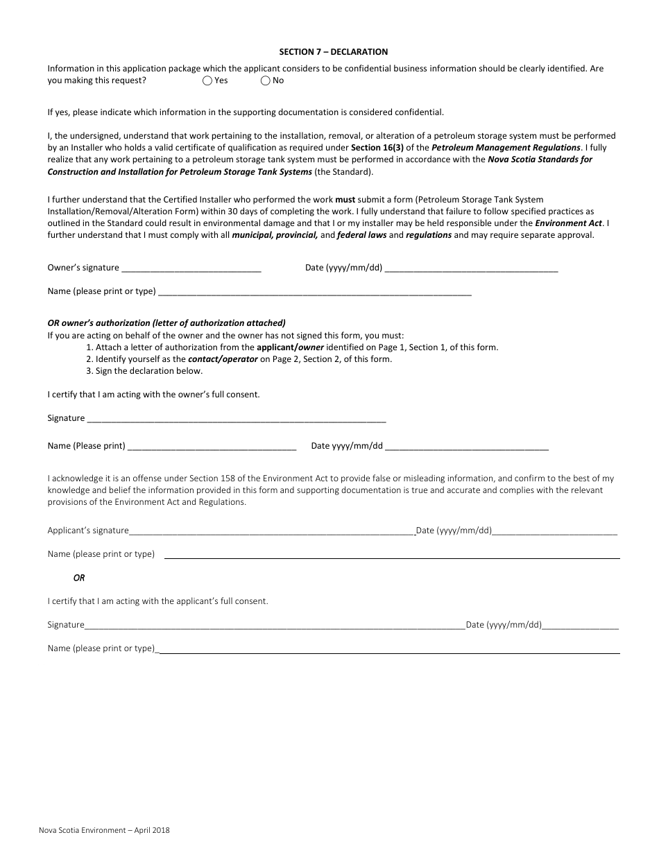 Petroleum Storage Tank Notification or Application for Approval - Nova Scotia, Canada, Page 6
