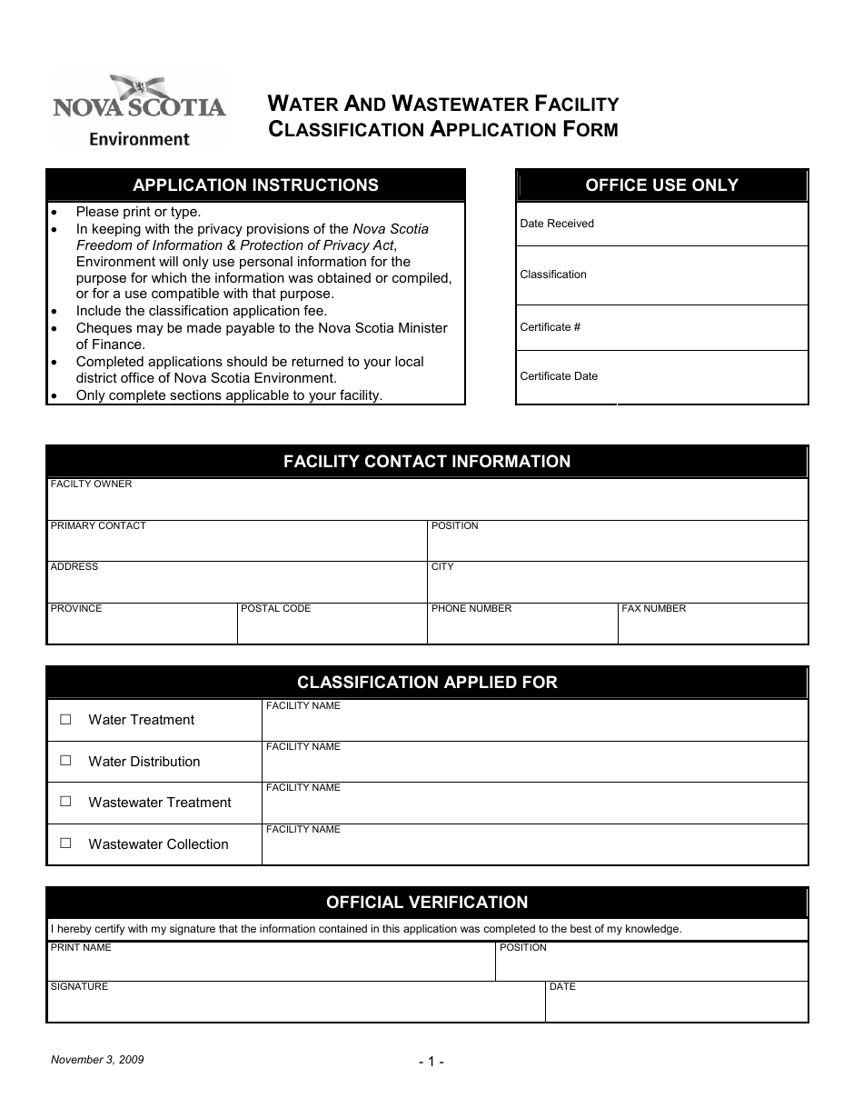 Water and Wastewater Facility Classification Application Form - Nova Scotia, Canada, Page 1