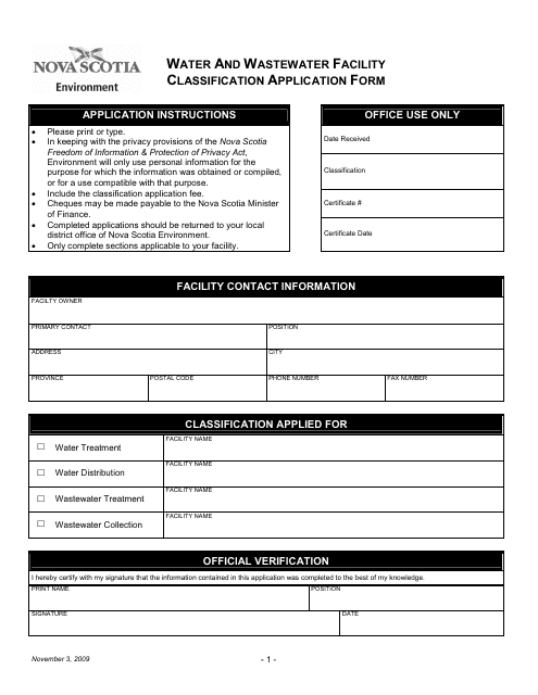 Water and Wastewater Facility Classification Application Form - Nova Scotia, Canada Download Pdf
