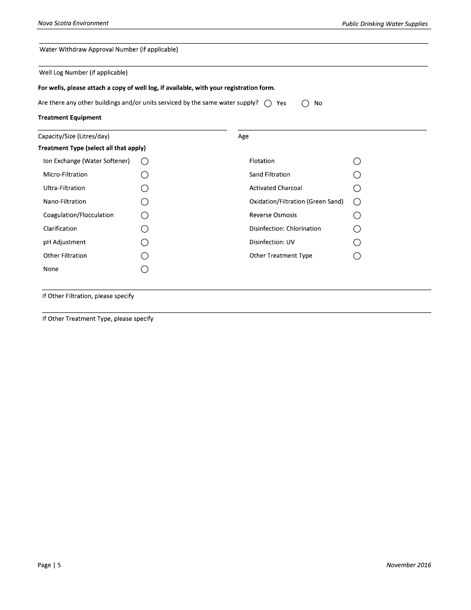 Registration Form for Public Drinking Water Supplies - Nova Scotia, Canada, Page 5