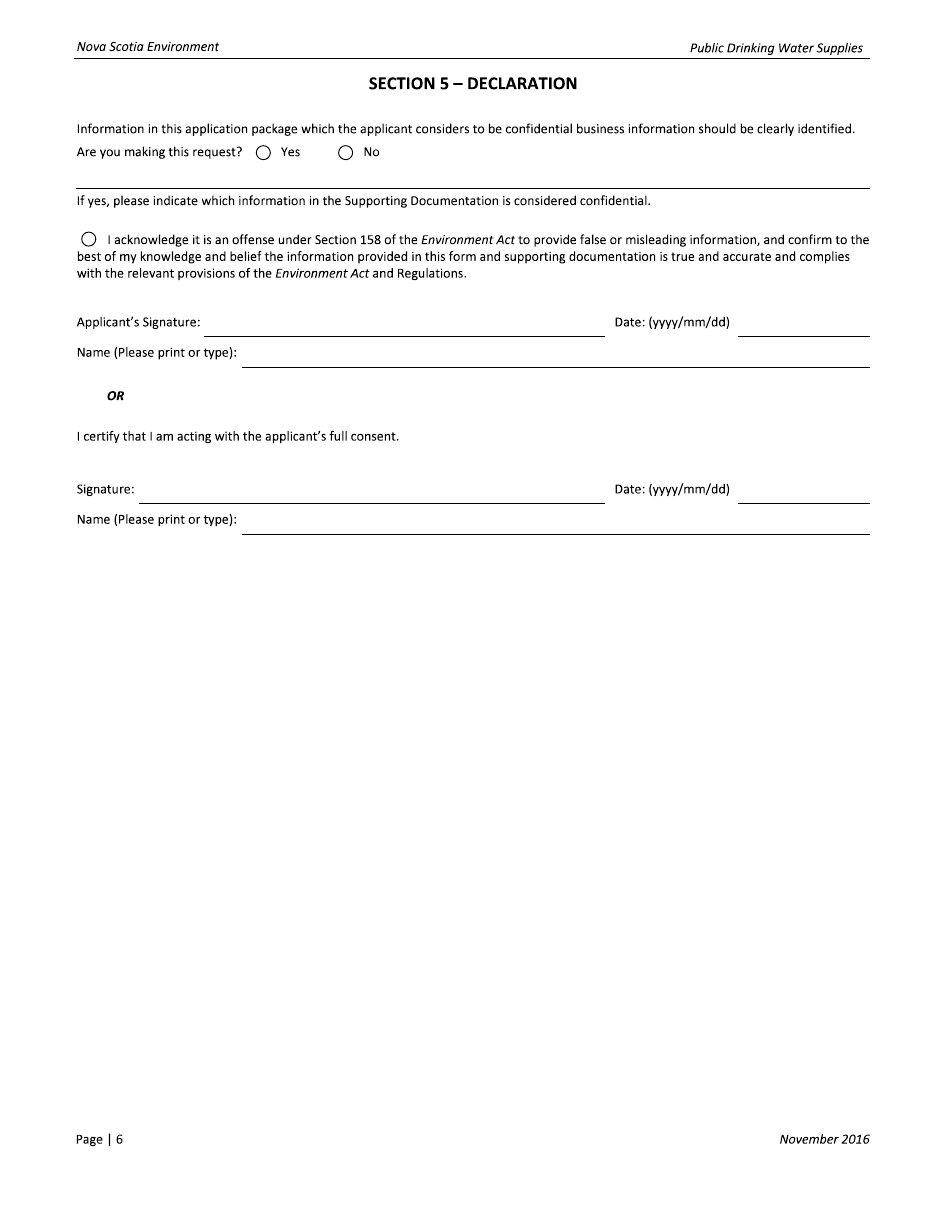 Registration Form for Public Drinking Water Supplies - Nova Scotia, Canada, Page 6