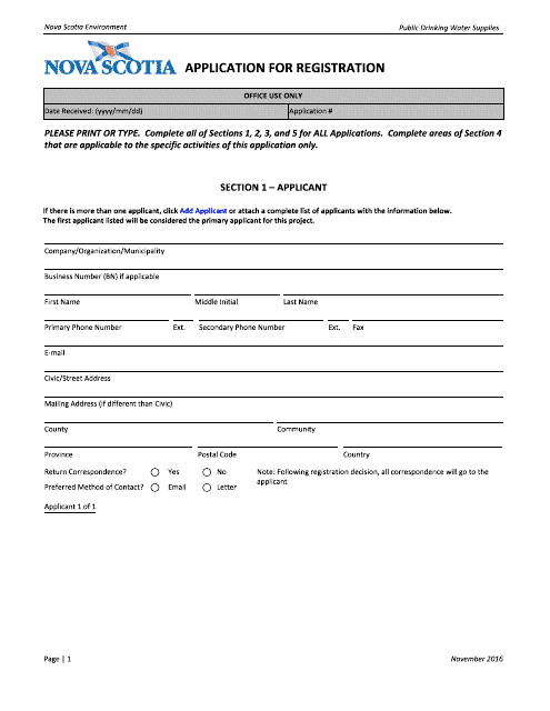 Registration Form for Public Drinking Water Supplies - Nova Scotia, Canada Download Pdf
