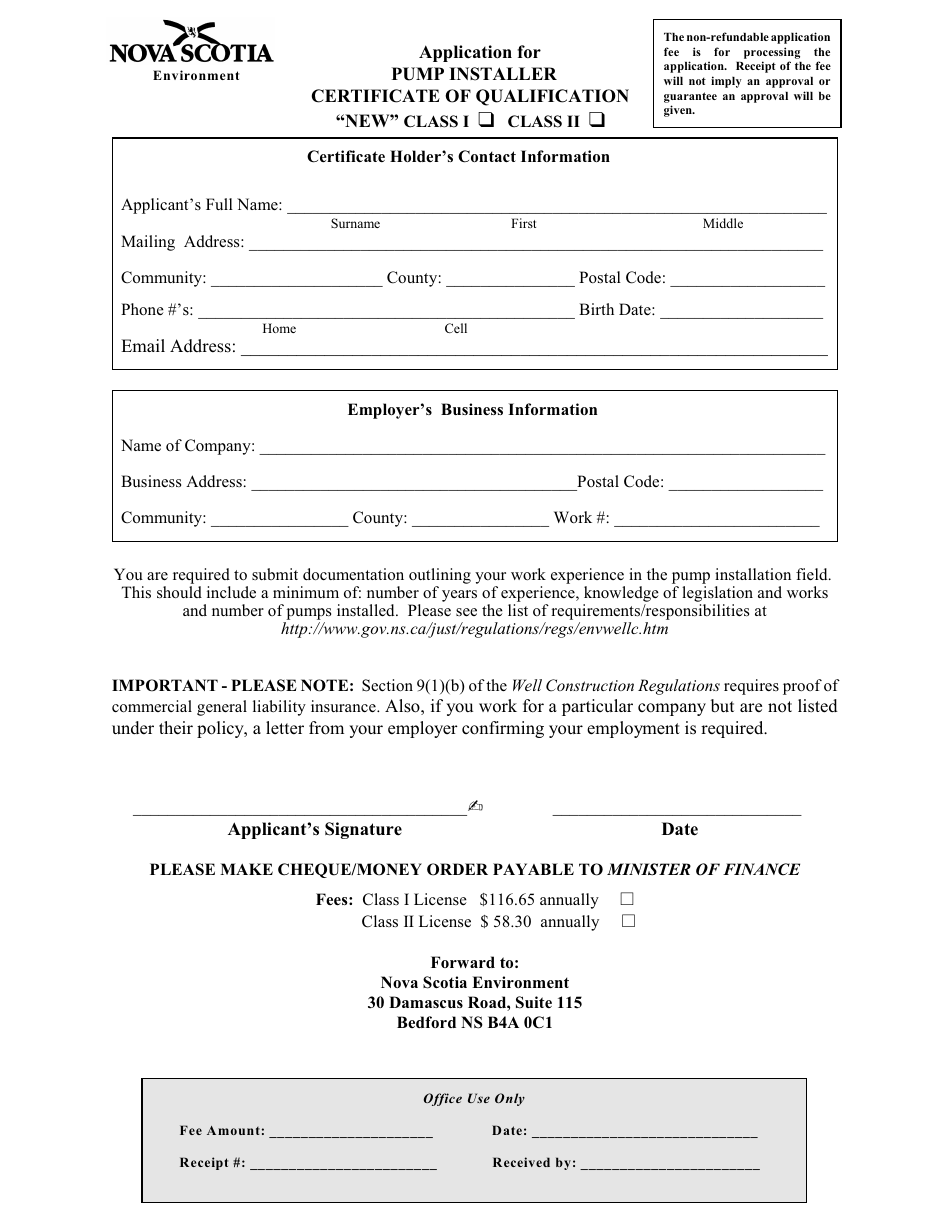 Application for Pump Installer Certificate of Qualification - Nova Scotia, Canada, Page 1