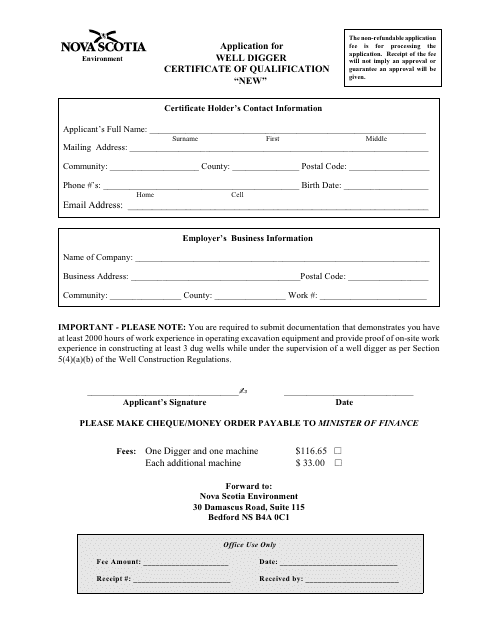 Application for Well Digger Certificate of Qualification "new" - Nova Scotia, Canada Download Pdf