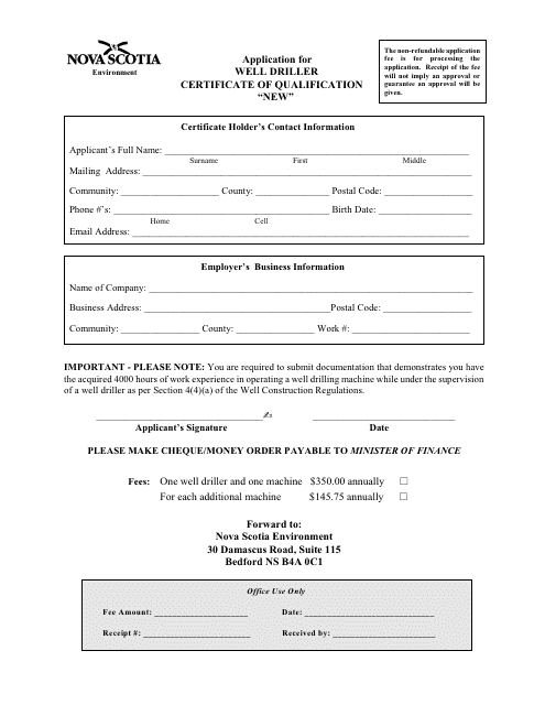 Application for Well Driller Certificate of Qualification "new" - Nova Scotia, Canada