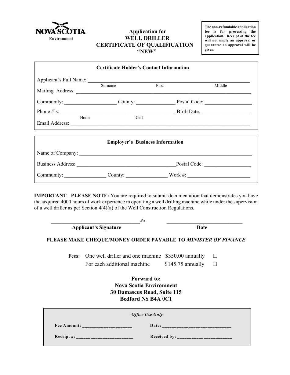Application for Well Driller Certificate of Qualification new - Nova Scotia, Canada, Page 1