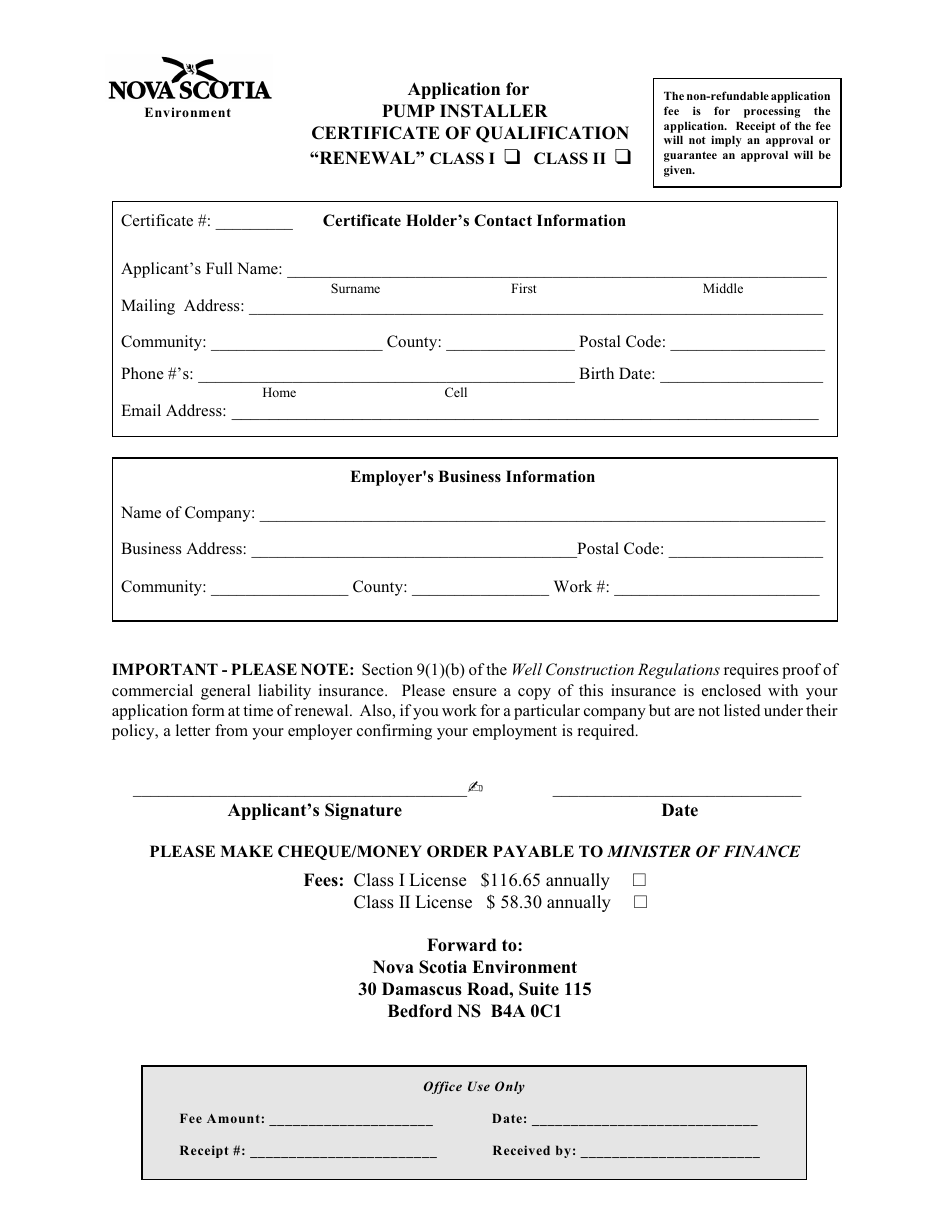 Application for Pump Installer Certificate of Qualification Renewal - Nova Scotia, Canada, Page 1
