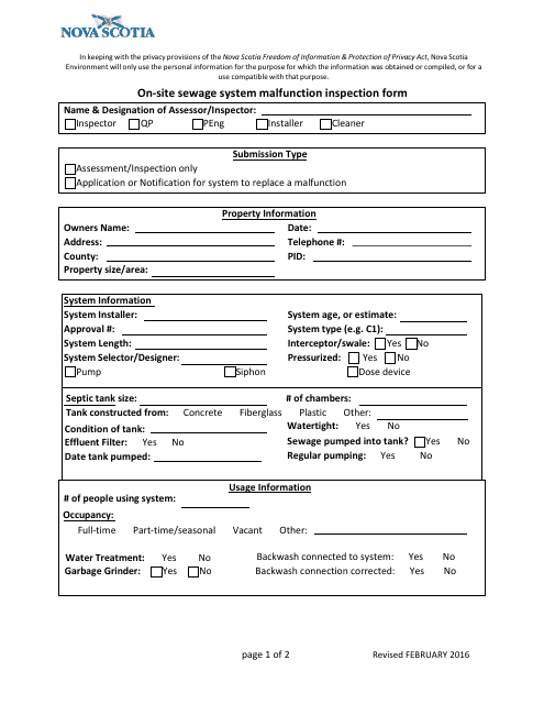 On-Site Sewage System Malfunction Inspection Form - Nova Scotia, Canada Download Pdf