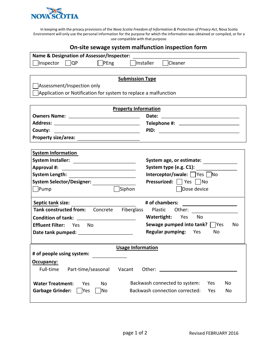 On-Site Sewage System Malfunction Inspection Form - Nova Scotia, Canada, Page 1