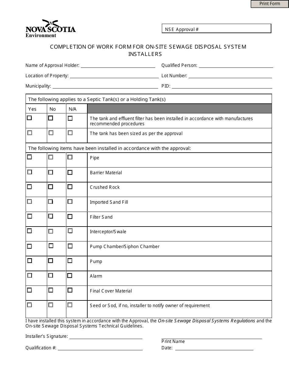 Completion of Work Form for on-Site Sewage Disposal System Installers - Nova Scotia, Canada, Page 1