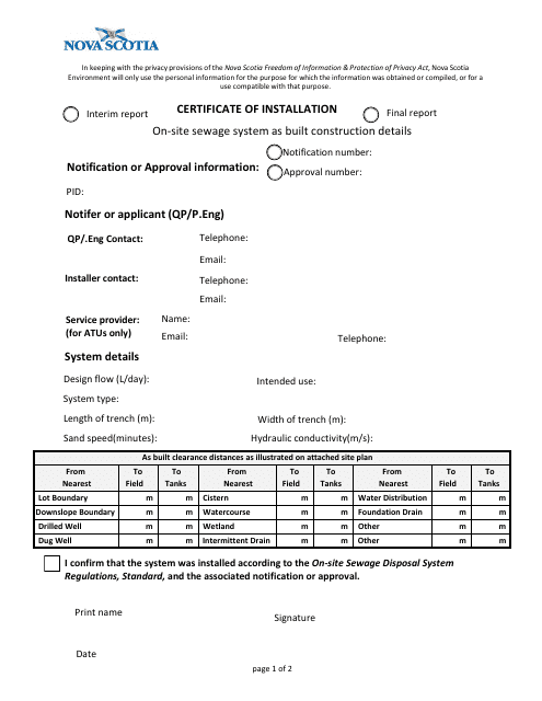 Certificate of Installation - Nova Scotia, Canada Download Pdf