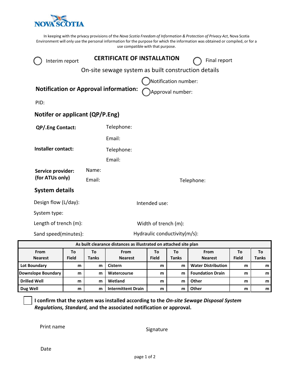 Certificate of Installation - Nova Scotia, Canada, Page 1