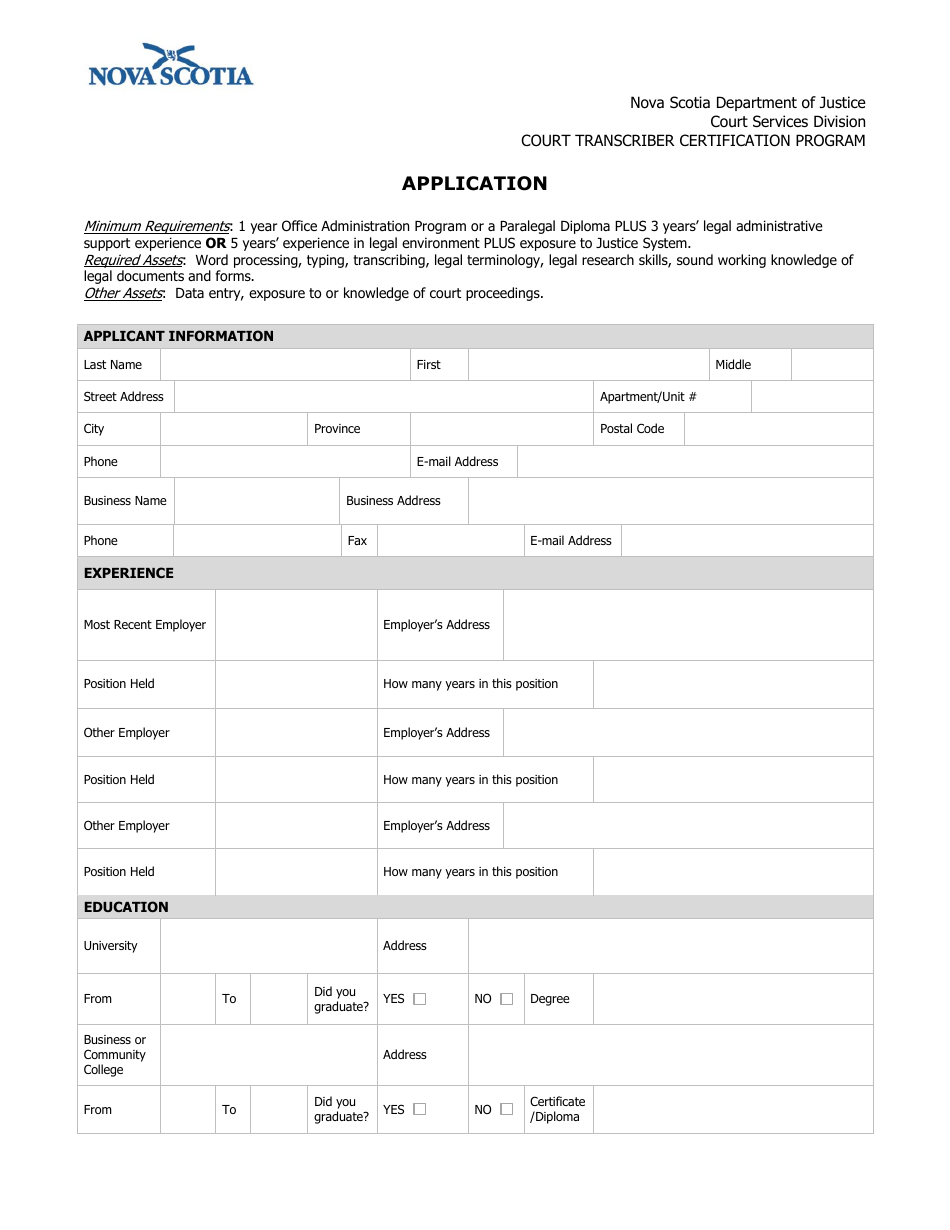 Court Transcriber Certification Program Application - Nova Scotia, Canada, Page 1