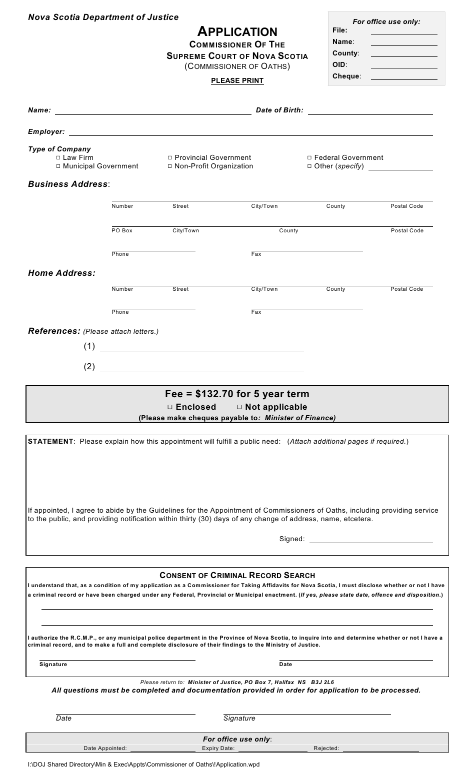 Commissioner of Oaths Application Form - Nova Scotia, Canada, Page 1
