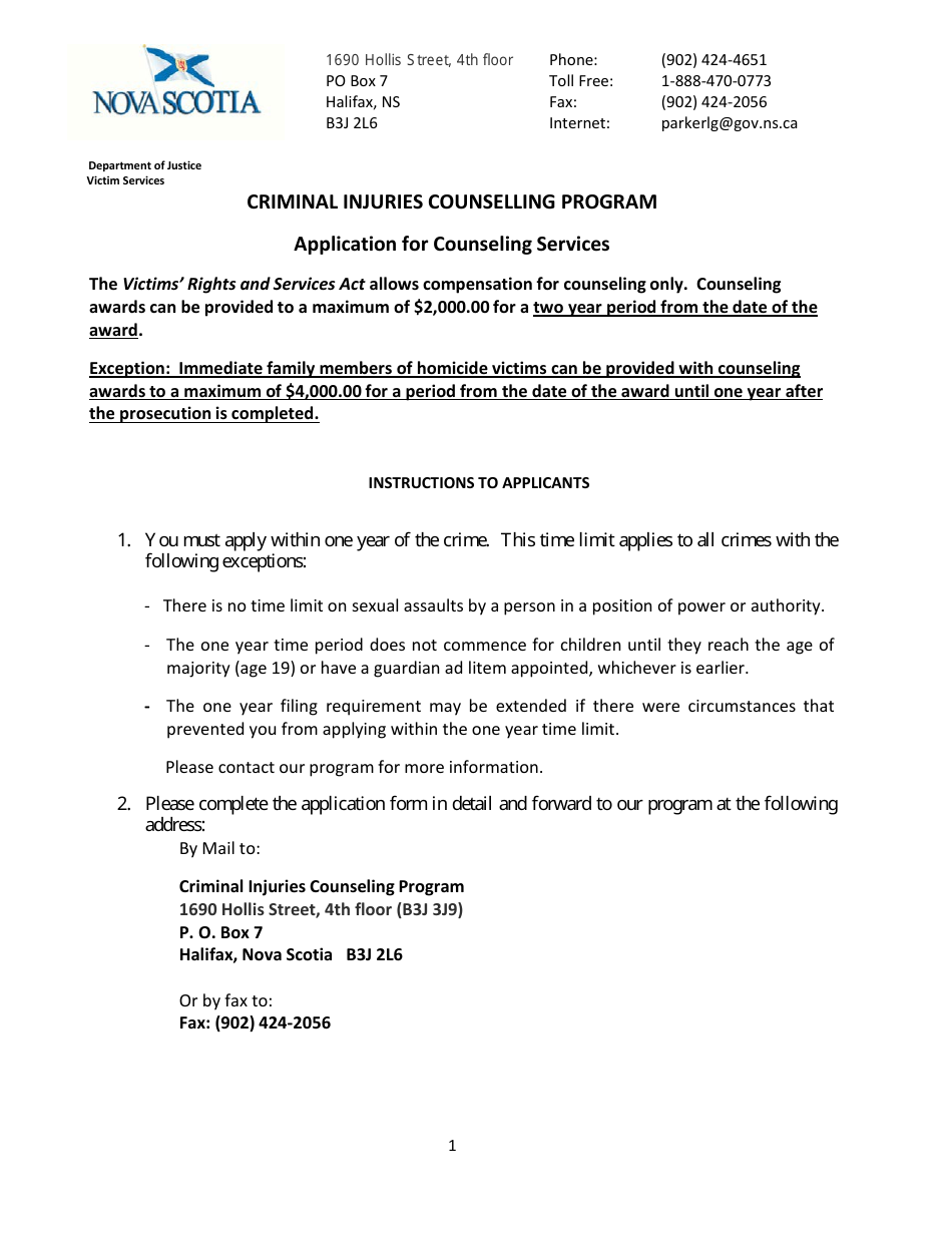 Criminal Injuries Counselling Program Application for Counseling Services - Nova Scotia, Canada, Page 1