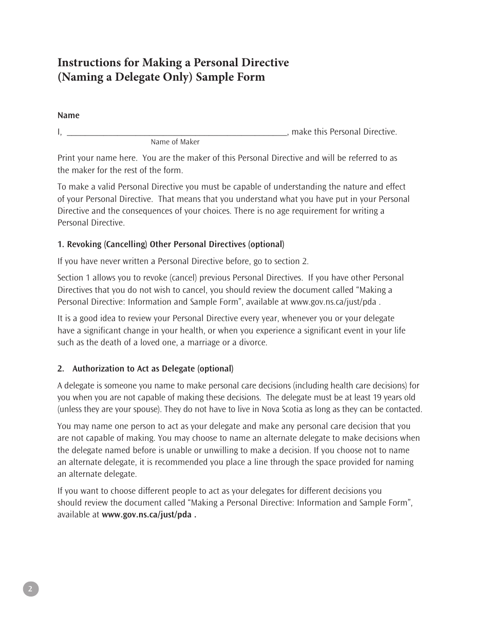 Peronal Directive Short Form - Nova Scotia, Canada, Page 2