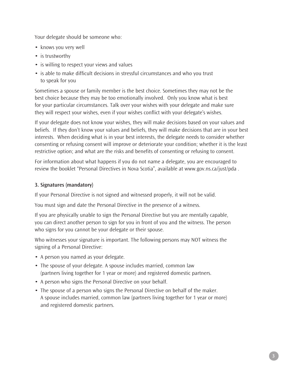Peronal Directive Short Form - Nova Scotia, Canada, Page 3