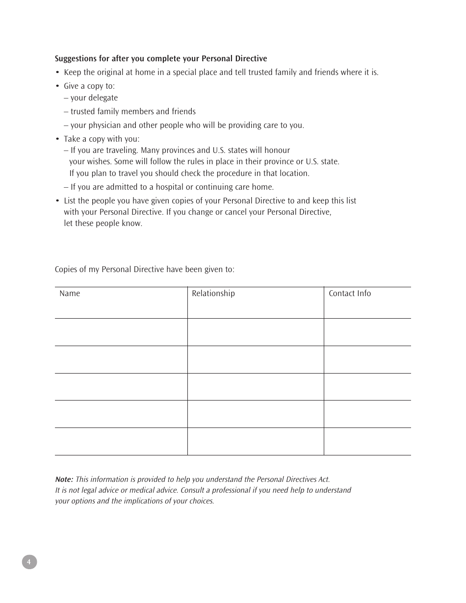 Peronal Directive Short Form - Nova Scotia, Canada, Page 4