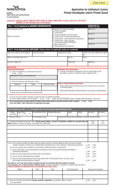 Form 3 Application for Individual License - Private Investigator and/or Private Guard - Nova Scotia, Canada