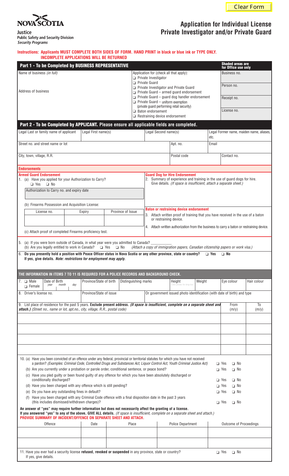 Form 3 Application for Individual License - Private Investigator and/or Private Guard - Nova Scotia, Canada, Page 1