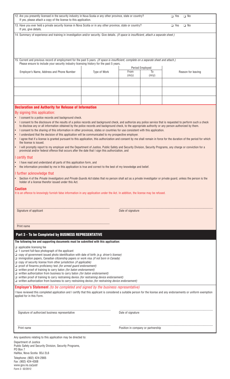 Form 3 Application for Individual License - Private Investigator and / or Private Guard - Nova Scotia, Canada, Page 2
