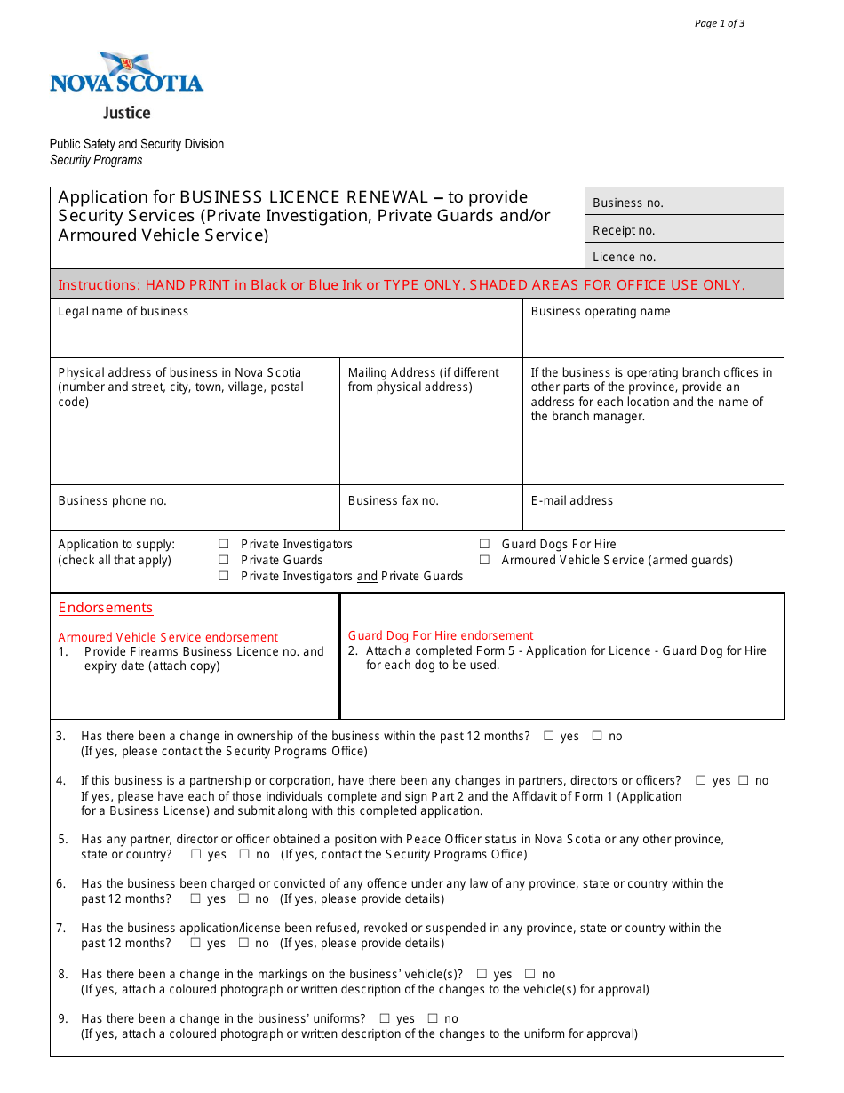 Form 2 Application for Business Licence Renewal - to Provide Security Services (Private Investigation, Private Guards and / or Armoured Vehicle Service) - Nova Scotia, Canada, Page 1