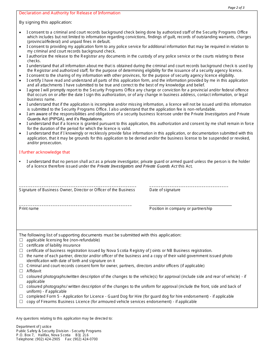 Form 2 Application for Business Licence Renewal - to Provide Security Services (Private Investigation, Private Guards and / or Armoured Vehicle Service) - Nova Scotia, Canada, Page 2