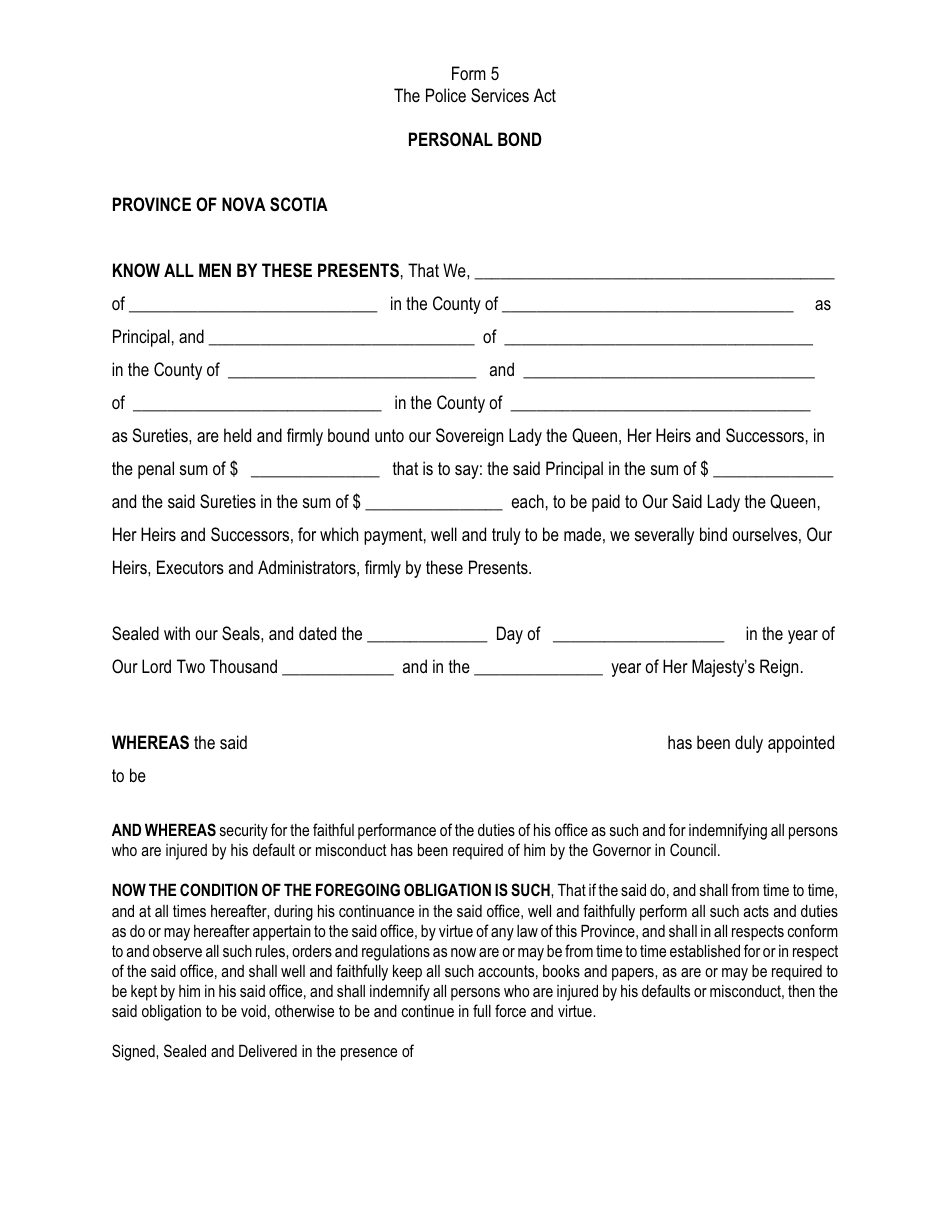 Form 5 Personal Bond - Nova Scotia, Canada, Page 1