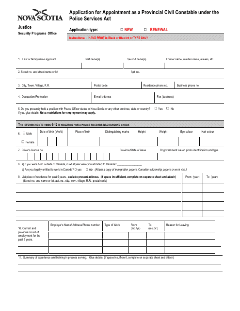 Application for Appointment as a Provincial Civil Constable Under the Police Services Act - Nova Scotia, Canada Download Pdf