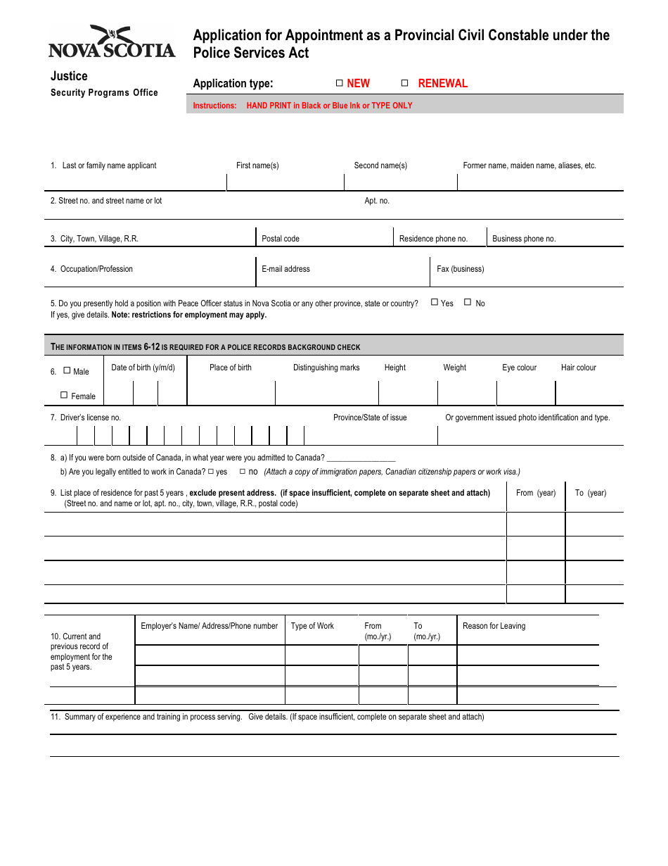 Nova Scotia Canada Application for Appointment as a Provincial Civil ...