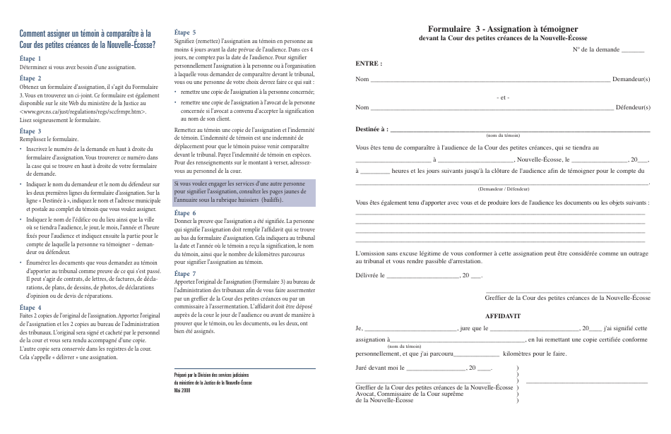 Forme 3 Subpoena to Witness in the Small Claims Court of Nova Scotia - Nova Scotia, Canada (French), Page 3