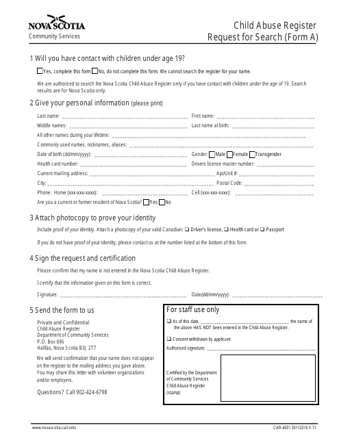 Form A (CAR-4001) Child Abuse Register Request for Search - Nova Scotia, Canada