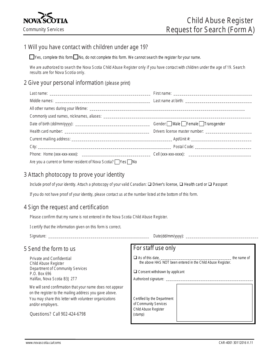 Form A (CAR-4001) Child Abuse Register Request for Search - Nova Scotia, Canada, Page 1