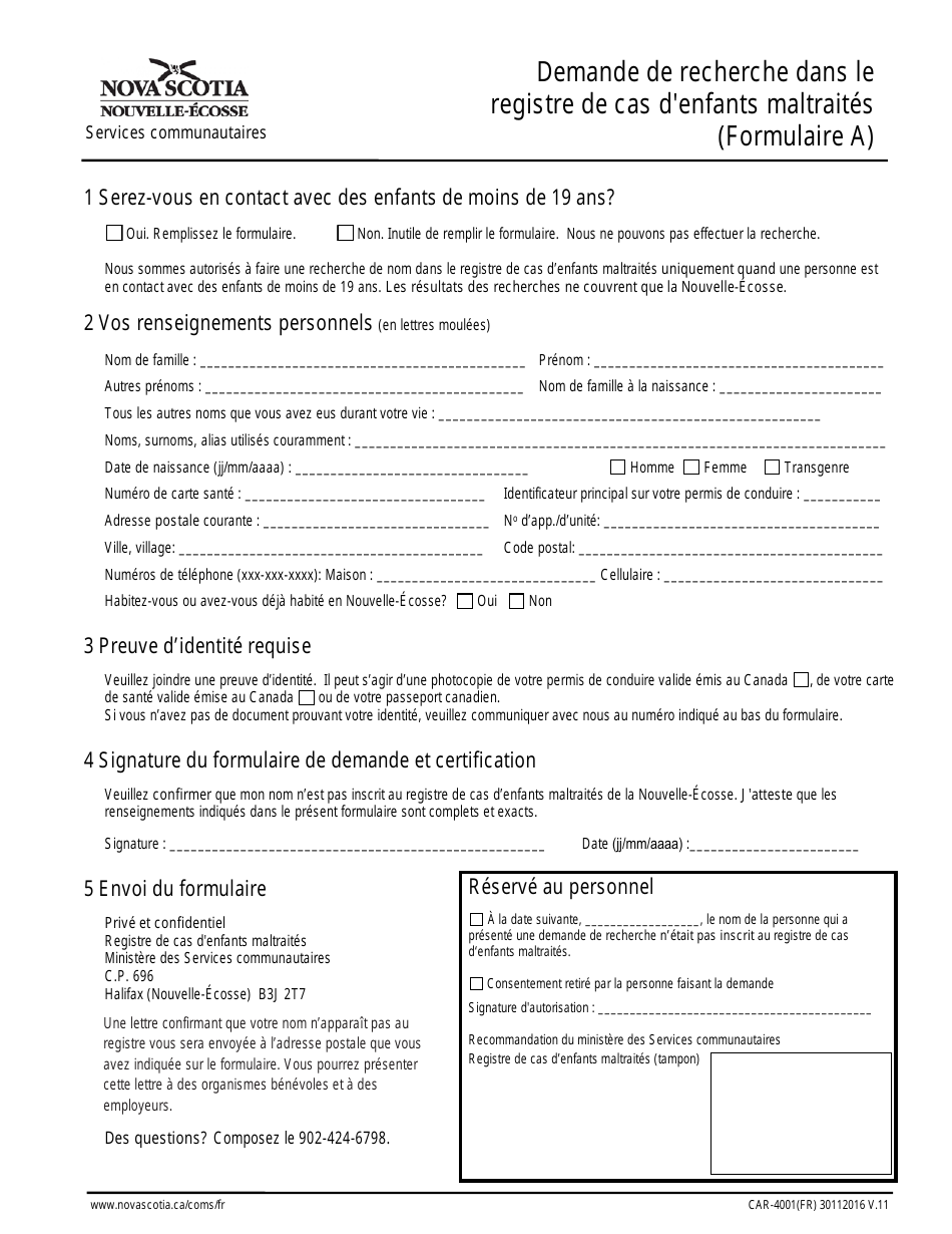 Forme A (CAR-4001) Demande De Recherche Dans Le Registre De Cas Denfants Maltraites - Nova Scotia, Canada (French), Page 1