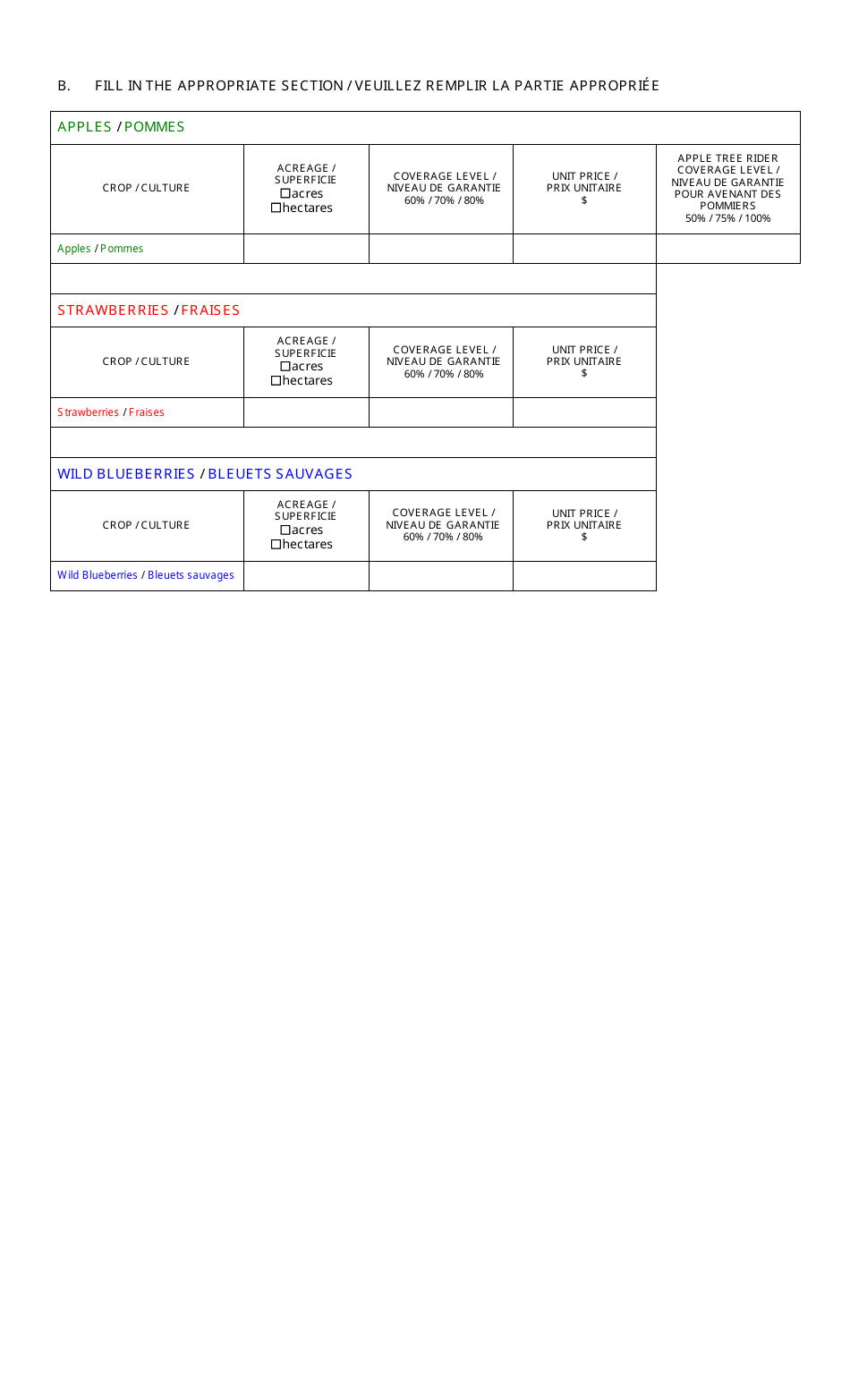 Agricultural Insurance Application Demande - Wild Blueberries / Strawberries / Apples - New Brunswick, Canada (English / French), Page 2