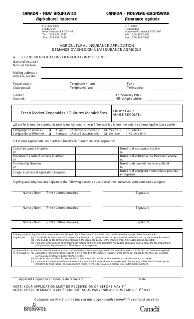 Agricultural Insurance Application - Fresh Market Vegetables - New Brunswick, Canada (English / French) Download Pdf