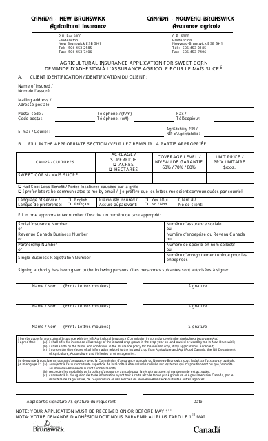 Agricultural Insurance Application - Sweet Corn - New Brunswick, Canada (English / French) Download Pdf